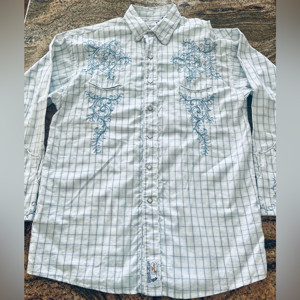 Panhandle Slim White/Blue Plaid Embroidered Pearl Snap  Mens M Western Pockets